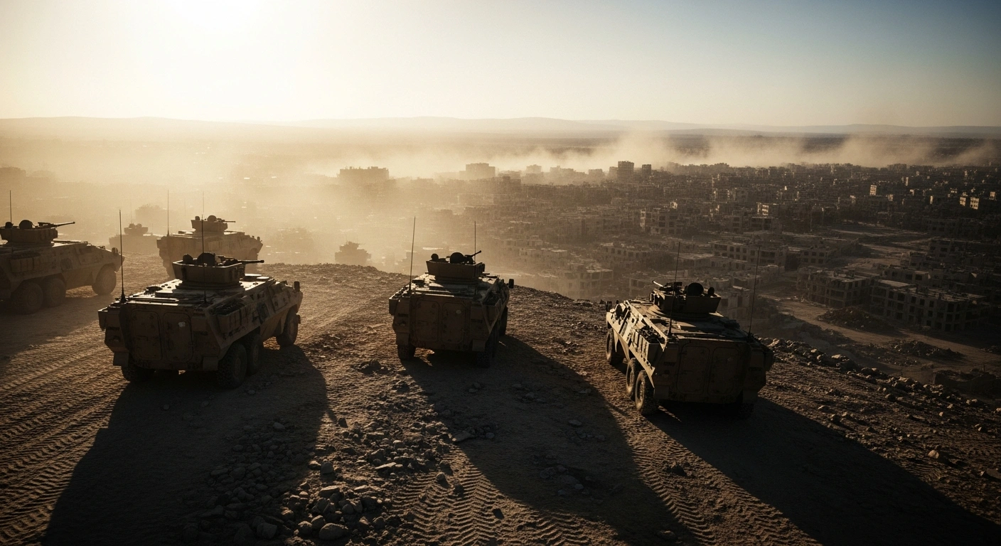 Israeli military vehicles are positioned on a ridge overlooking the Gaza Strip as operations continue in the territory.