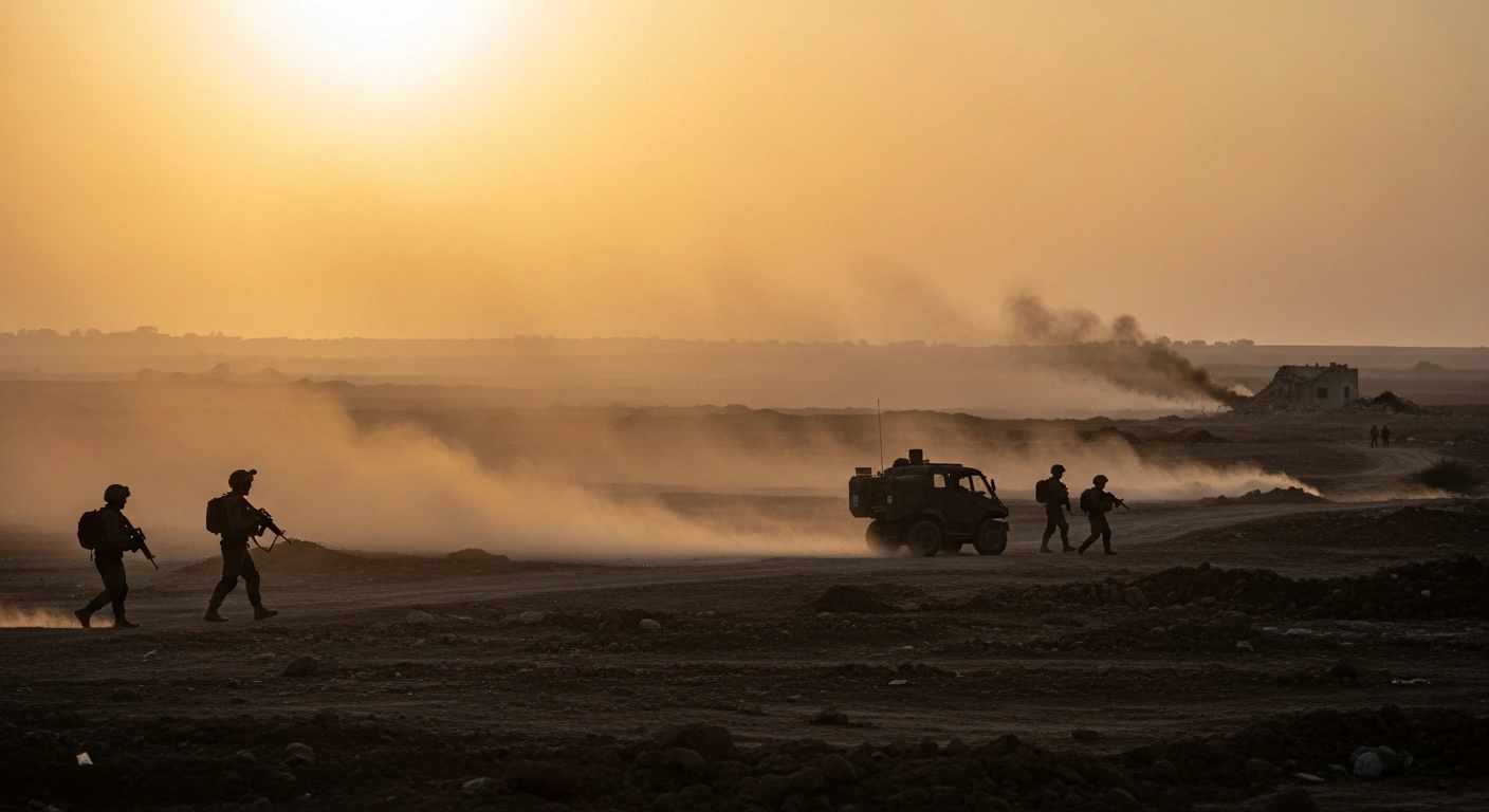 An Israeli military patrol moves cautiously along Gaza's Yellow Line at dusk, with smoke rising in the distance, representing the November 12, 2025, engagements near Rafah and Khan Younis where gunmen were killed during tunnel demolition and in response to an operative threat.