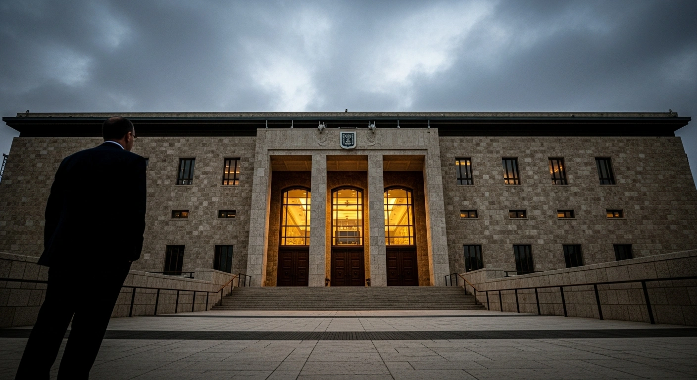 The Knesset building stands under a dark, stormy sky as the Israeli government faces a coalition crisis over military service legislation.