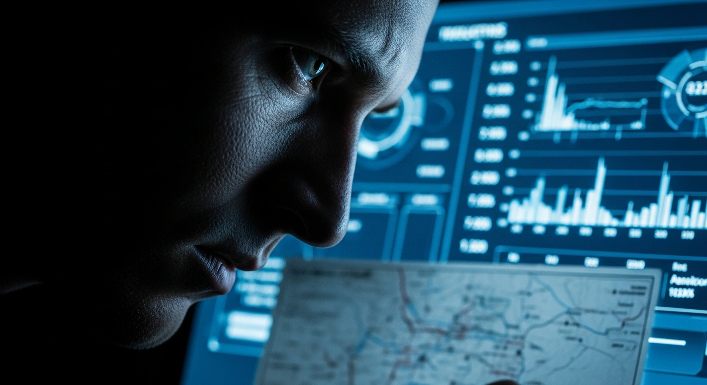 A person's face is dramatically lit by the blue glow of a computer screen showing a complex data interface, with a blurred military map visible in the foreground, depicting the serious security breach involving an Israeli reservist or civilian using classified military intelligence for illicit betting.