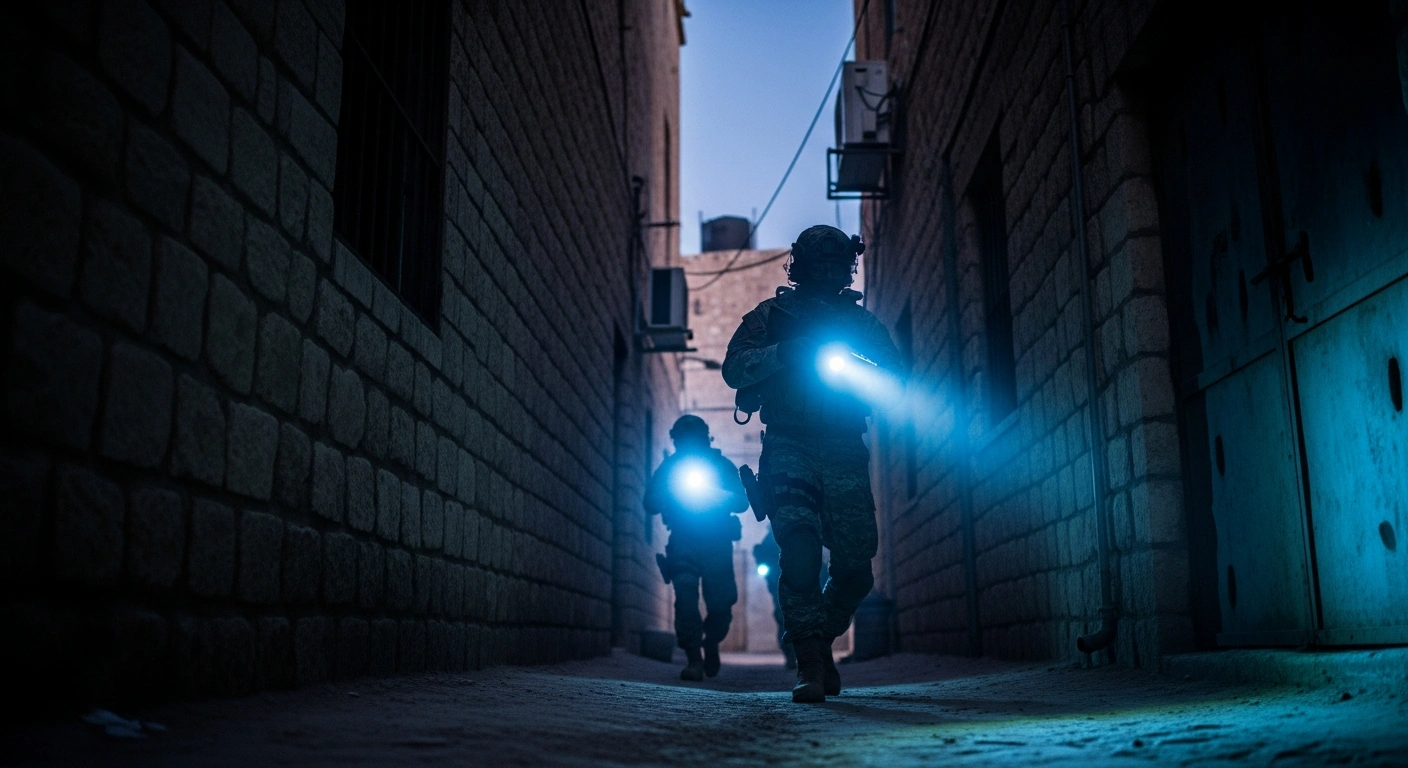 Israeli security forces conduct a tactical operation in a narrow urban alleyway to detain suspects involved in regional security incidents.