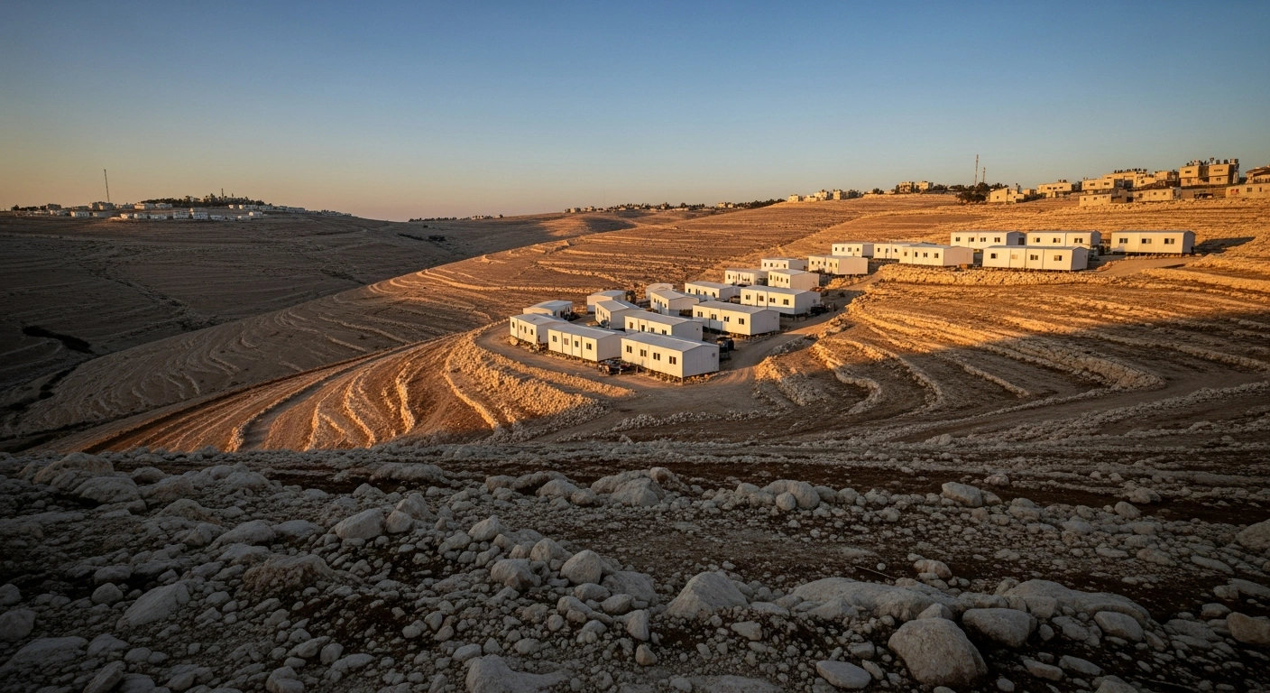 A wide, low-angle shot at dusk shows newly erected, stark white prefabricated houses forming an unauthorized Israeli settler outpost on a sun-baked hillside in the occupied West Bank, symbolizing the expansion and annexation of Palestinian areas.