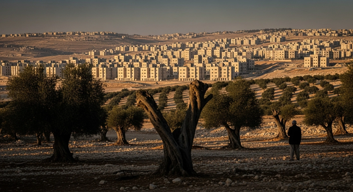 A wide, low-angle shot shows newly constructed Israeli settlements expanding across an arid landscape in the occupied West Bank, with damaged olive trees and a silhouetted Palestinian figure in the foreground, symbolizing the impact of Israeli settler violence and illegal settlements condemned by the UN Secretary-General.