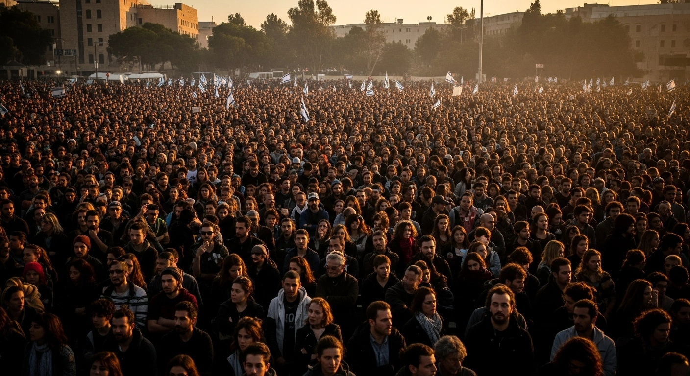 Thousands of Israelis are gathered in Tel Aviv's Habima Square at dusk, protesting and demanding an independent state commission of inquiry into the failures surrounding the October 7, 2023, attack.