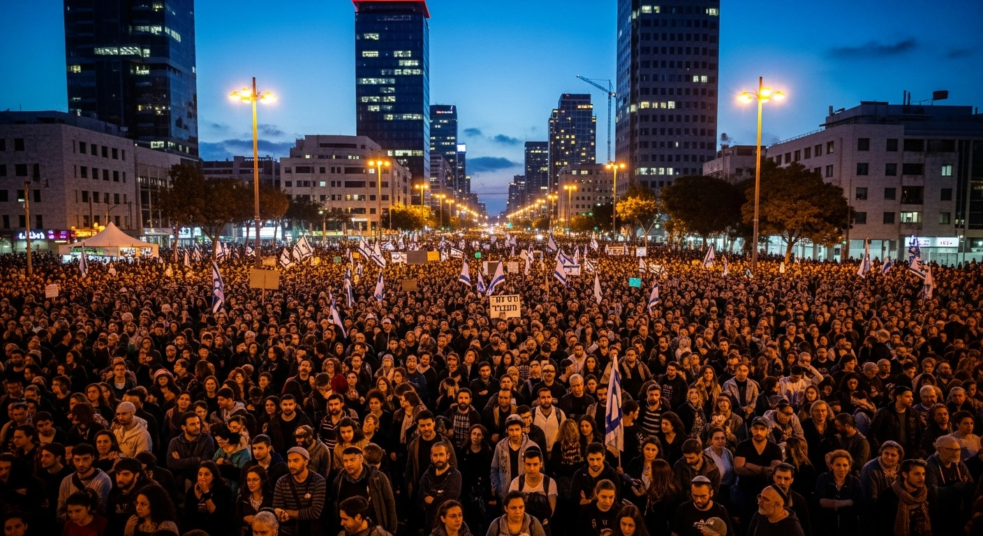 Thousands of Israelis are shown gathered in Tel Aviv's Habima Square at twilight, protesting and demanding an independent state commission of inquiry into the security and governmental failings that preceded the October 7, 2023, attack, highlighting widespread dissatisfaction with the government's proposed internal investigation.