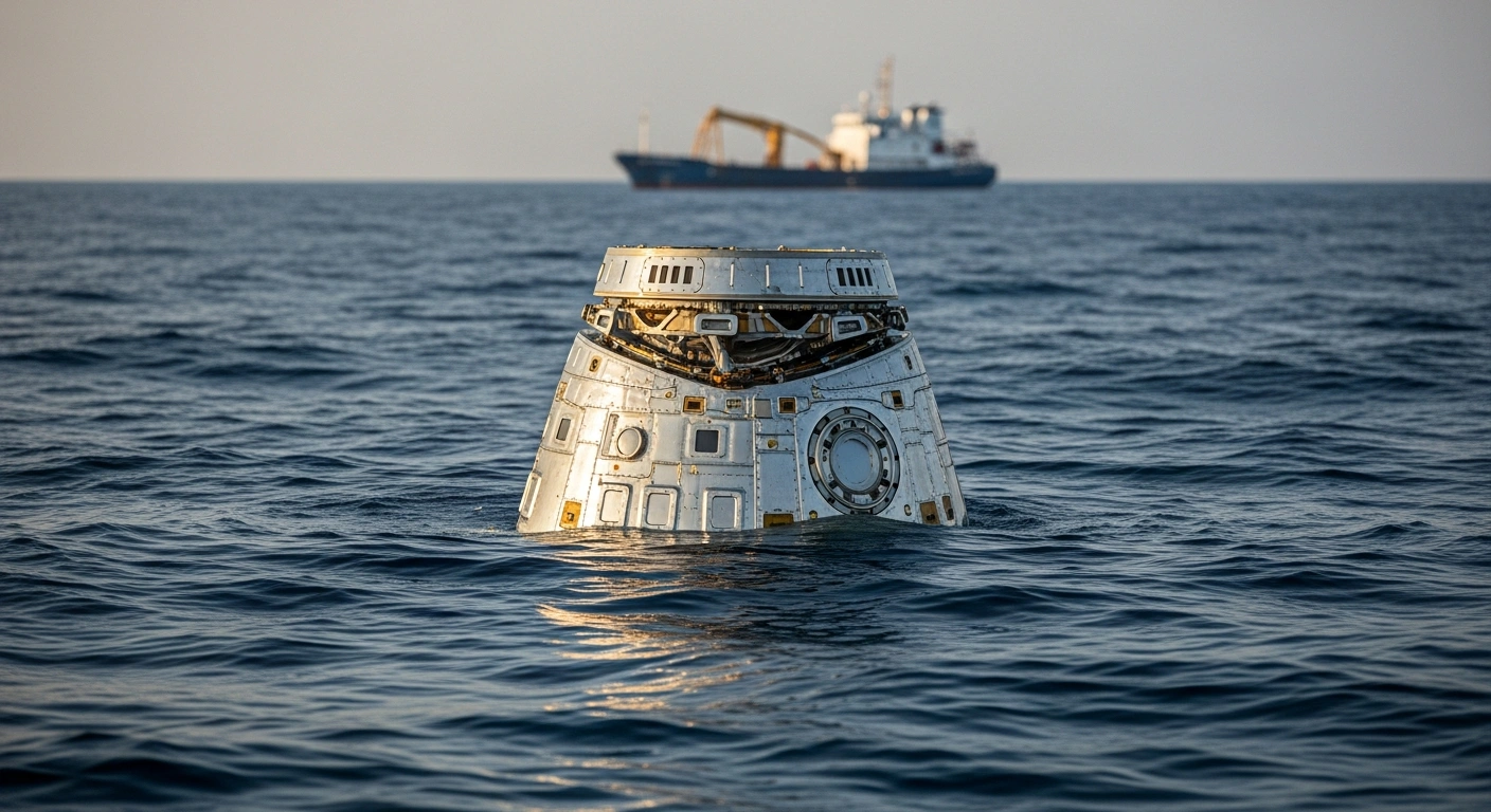 The ISRO Gaganyaan crew module floats in the Bay of Bengal during a successful splashdown safety and stability test for India's human spaceflight program.
