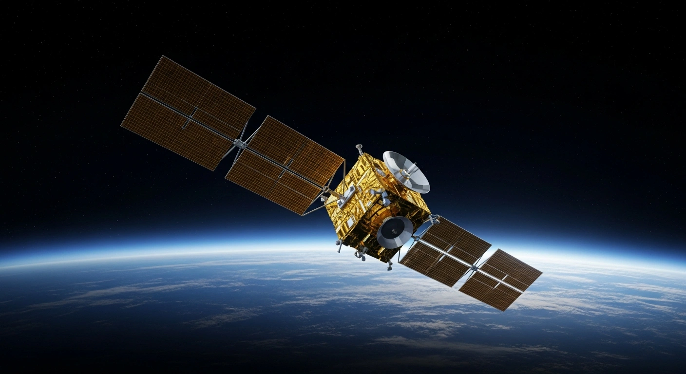 A next-generation ISRO satellite orbits above the Earth to support the NavIC navigation constellation.