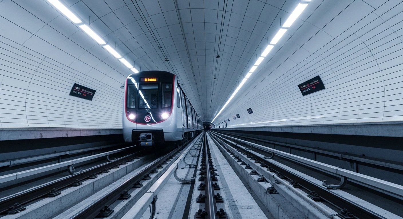A modern metro train arrives at a newly inaugurated station on the Gayrettepe-Istanbul Airport-Halkalı transit line.
