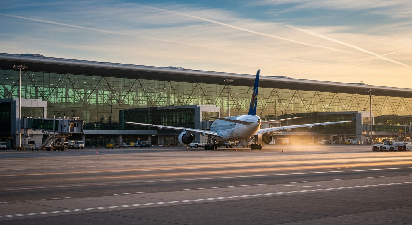 A wide-angle view of a commercial airplane taxiing at Istanbul Airport during a busy sunset, showcasing the terminal's modern architecture and high passenger traffic.