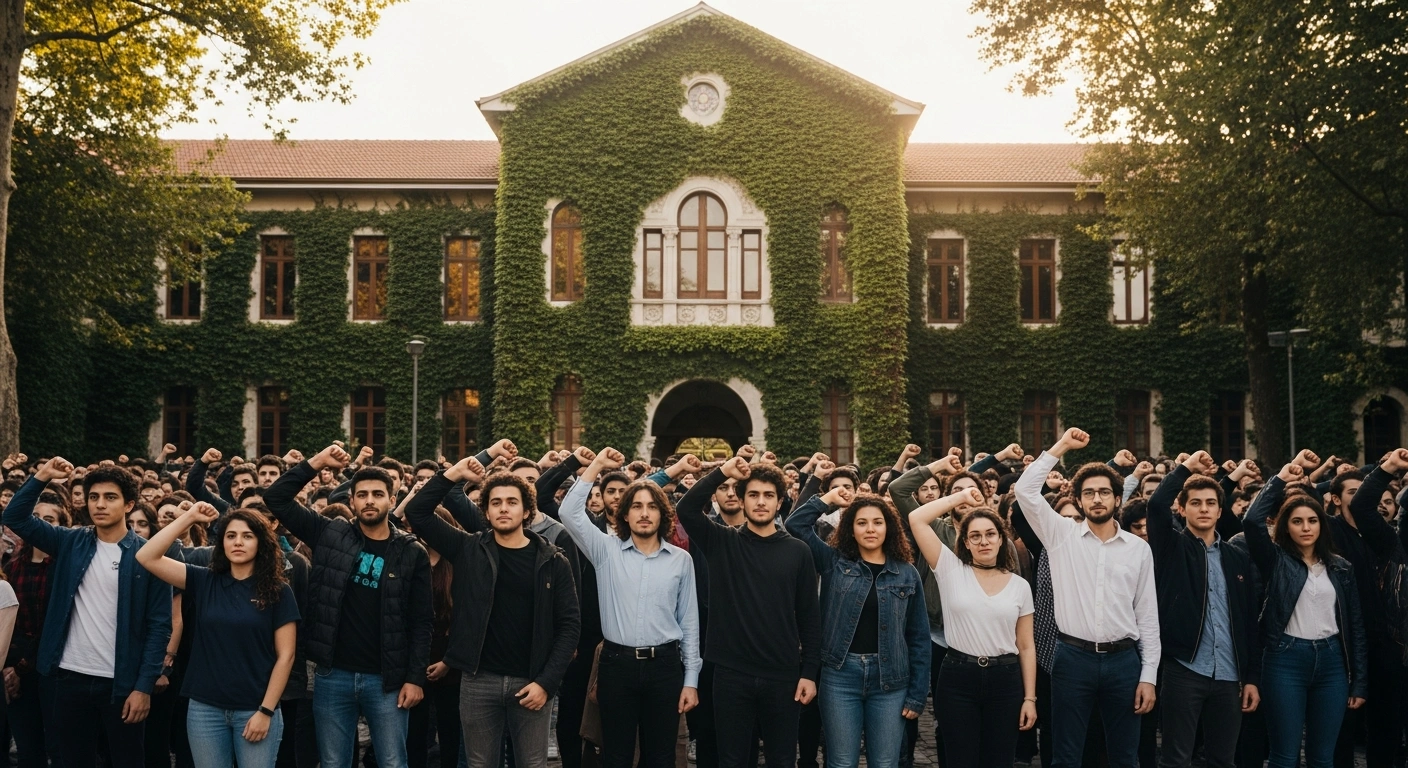 A large group of students gathers in front of the Istanbul Bilgi University campus to celebrate the reversal of the government decree that threatened to close the institution.