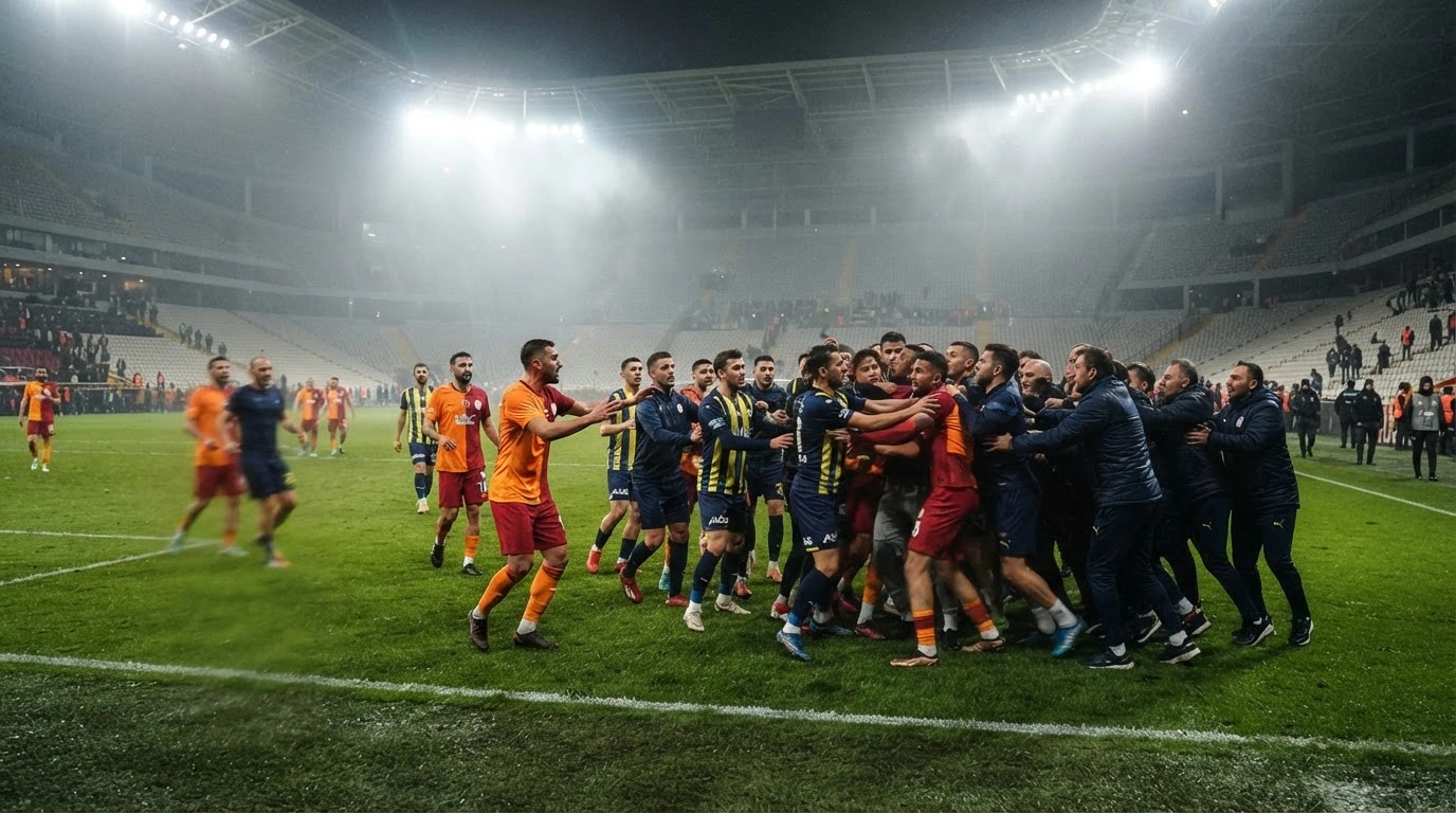 Galatasaray and Fenerbahce players engage in a heated mass brawl on the pitch following a high-stakes Istanbul football derby.