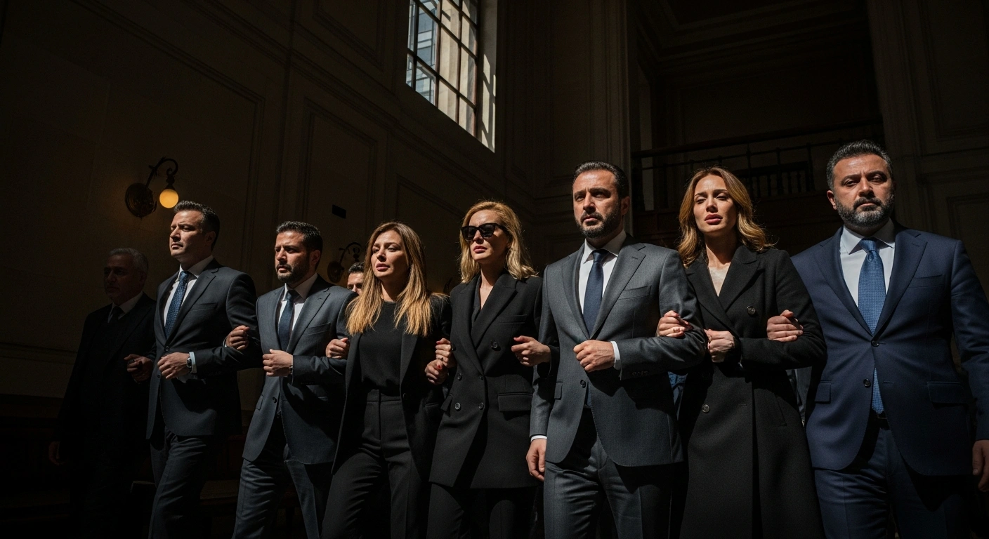 A diverse group of well-dressed individuals, including businesspeople, media figures, and social media influencers, are solemnly led through the shadowed corridors of an Istanbul courthouse, reflecting their arrest in a broad drug investigation.