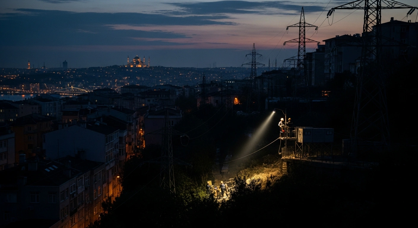 A high-angle, cinematic view of an Istanbul street at twilight shows a darkened foreground contrasting with distant city lights, as a utility crew performs maintenance work under a bright, focused light, symbolizing planned electricity outages for infrastructure enhancement.
