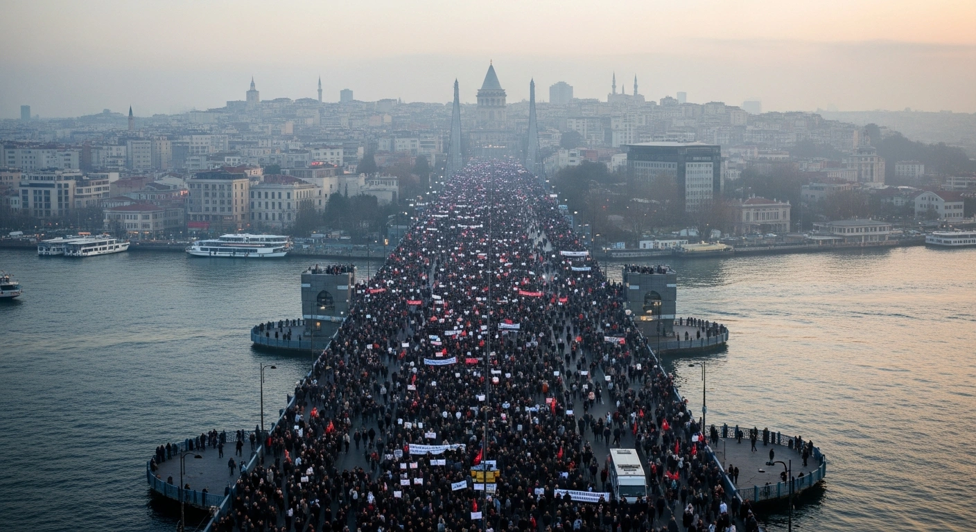 A massive pro-Palestine demonstration with over 500,000 people fills Istanbul's Galata Bridge at dawn, expressing solidarity with Palestinians and calling for an end to the conflict in Gaza.