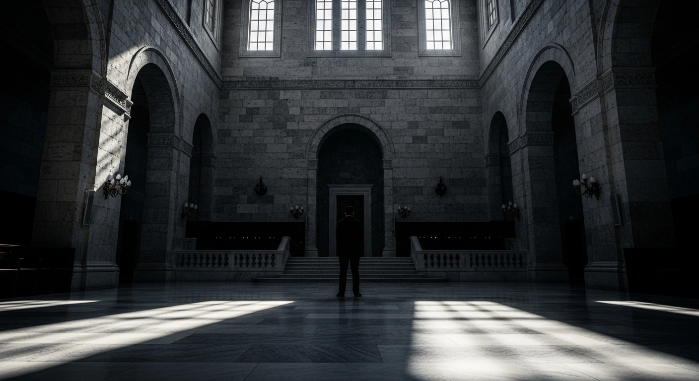 Istanbul Mayor Ekrem İmamoğlu stands inside a historic courtroom during his ongoing corruption trial in Turkey.