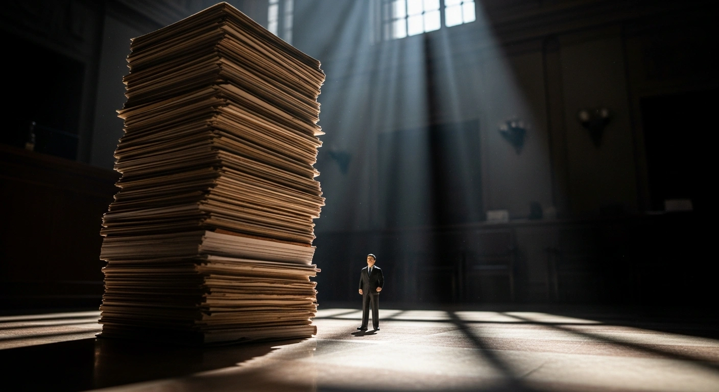 A lone figure, representing Istanbul Mayor Ekrem İmamoğlu, stands before an impossibly tall stack of legal documents, symbolizing the nearly 4,000-page indictment filed by Turkish prosecutors for 142 offenses including running a criminal organization, bribery, and money laundering, in a case widely seen as politically motivated.