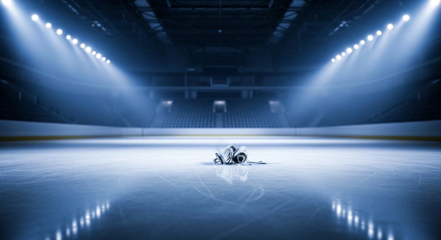 A pair of abandoned figure skates sits in the center of an empty, dark ice rink, representing the International Skating Union's continued ban on Russian and Belarusian athletes.