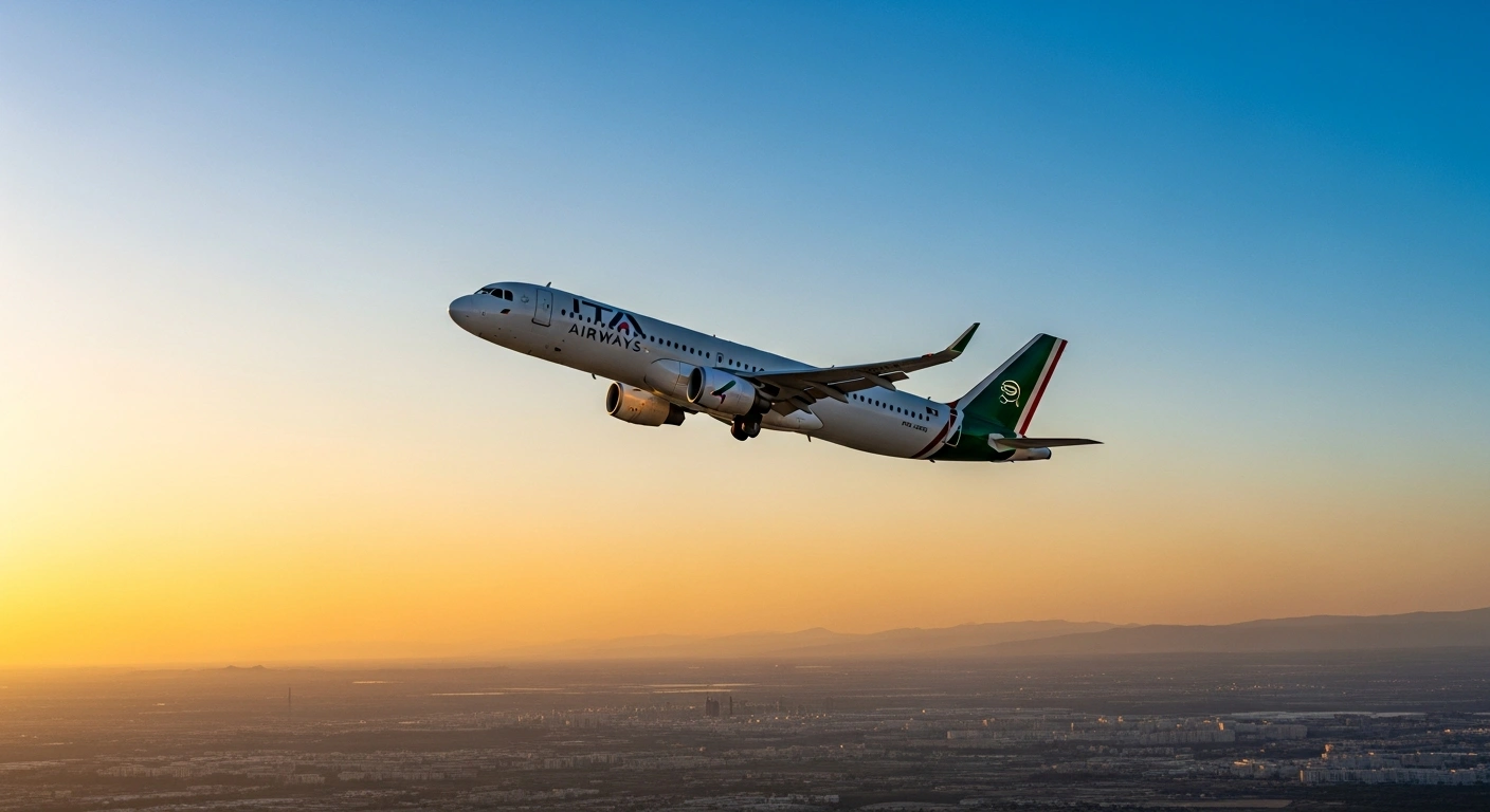 An ITA Airways passenger jet flies through a sunset sky to represent the new direct flight route between Rome Fiumicino Airport and Riyadh.