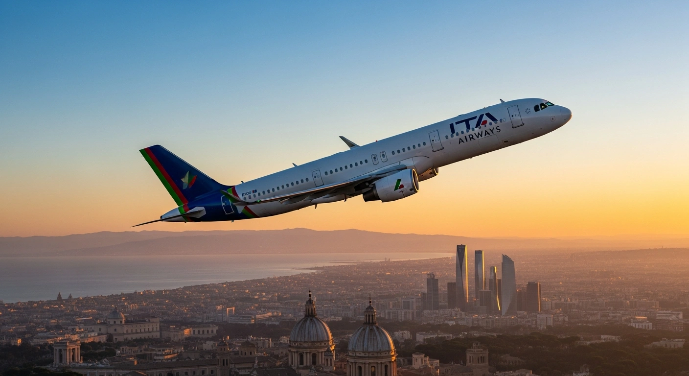 An ITA Airways passenger jet flies through the sky to mark the inauguration of a new direct flight route between Rome Fiumicino and Riyadh.