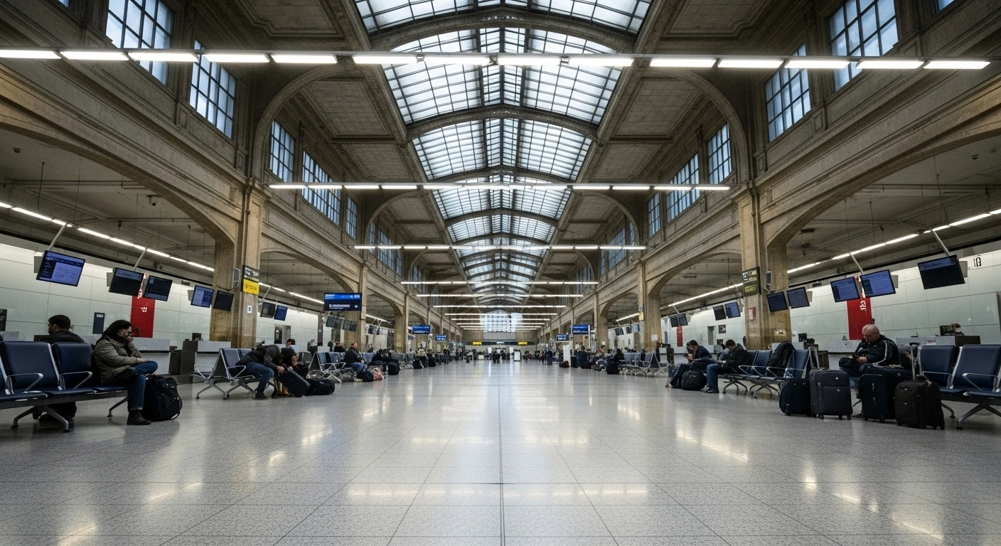 An eerily quiet and vast Italian airport terminal, featuring scattered weary travelers slumped on benches and deserted check-in counters, visually representing the significant disruption to air travel caused by a nationwide strike by airport and airline staff in Italy on September 26, 2025, leading to widespread delays and cancellations.