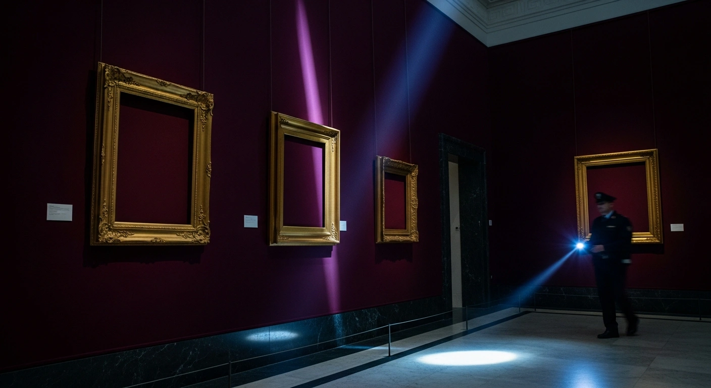 Three empty ornate picture frames hang on a gallery wall at the Magnani Rocca Foundation in Italy following the theft of Renoir, Cézanne, and Matisse paintings.