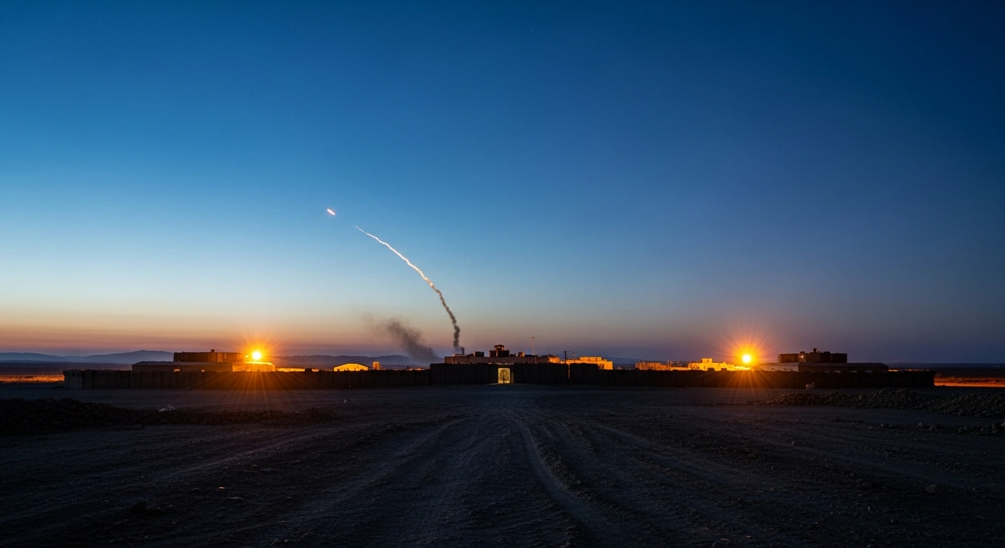 An Italian military base in Erbil, Iraq, stands in the desert twilight following a missile strike incident.