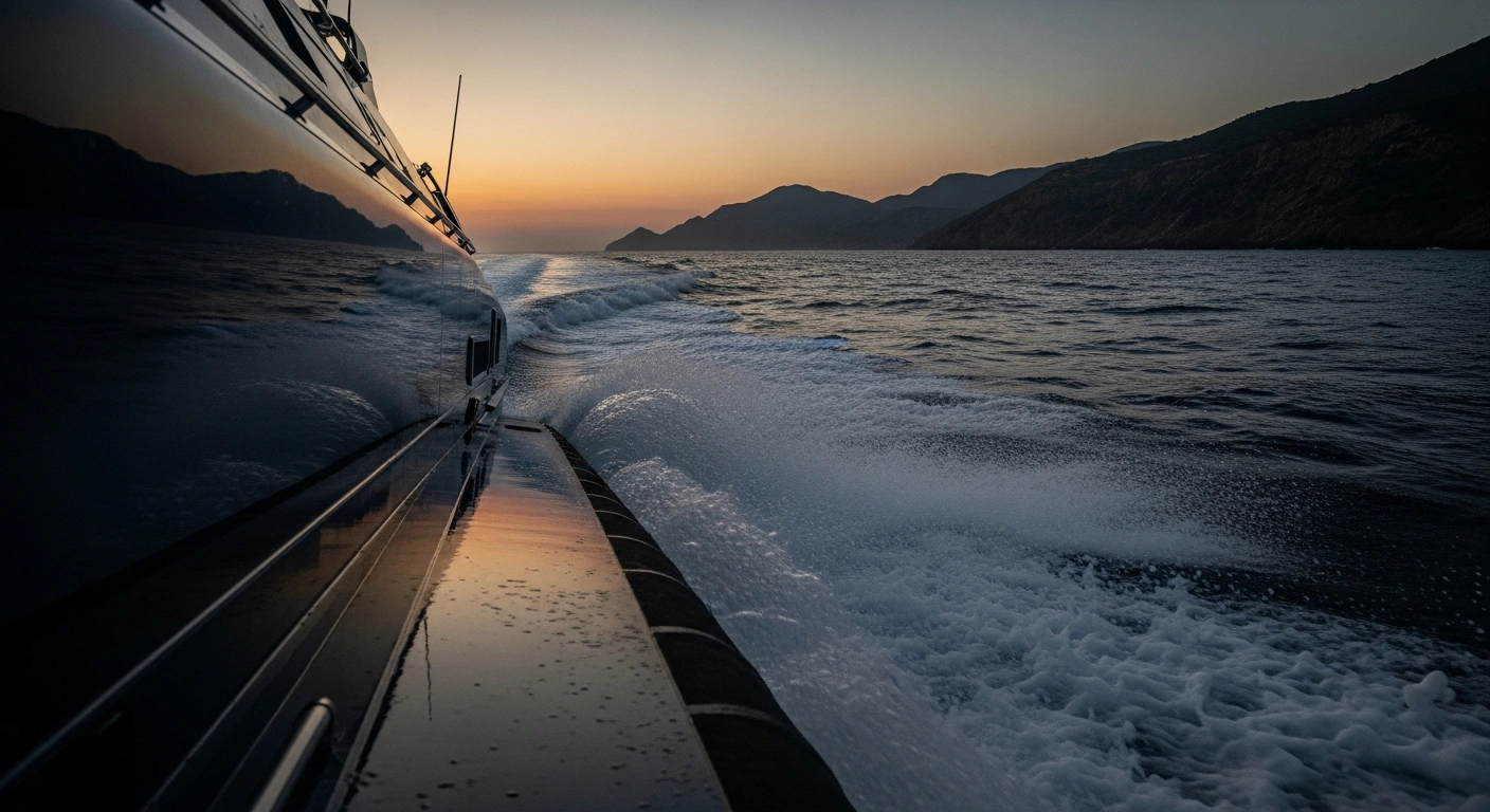 A high-speed boat travels across the Mediterranean Sea toward the coast of Sardinia as part of a human smuggling route intercepted by Italian authorities.
