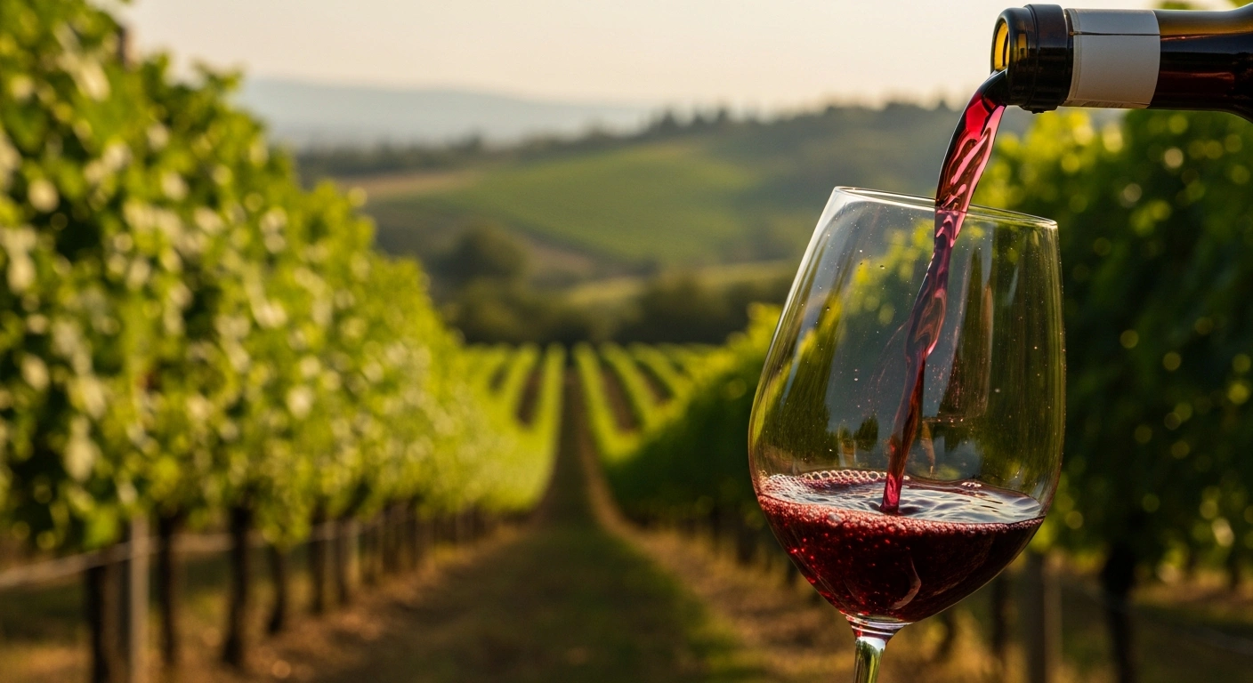 A glass of red wine is being poured in an Italian vineyard to represent the new domestic production of dealcoholized wine.