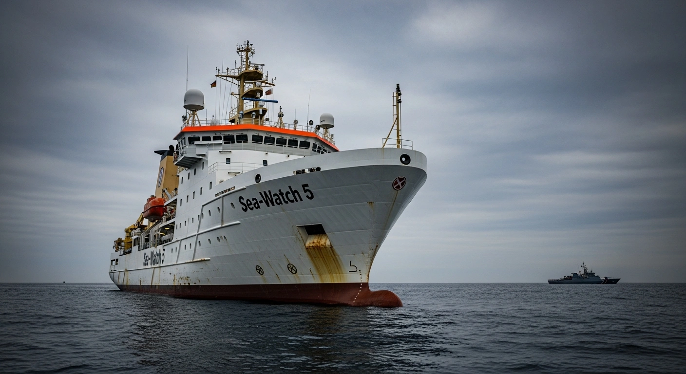 A low-angle, wide shot depicts the German-flagged refugee rescue ship Sea-Watch 5, with its red and white hull, sitting stationary under an overcast sky, observed by a distant, blurred Italian patrol vessel on the horizon, symbolizing its detention by Italian authorities.