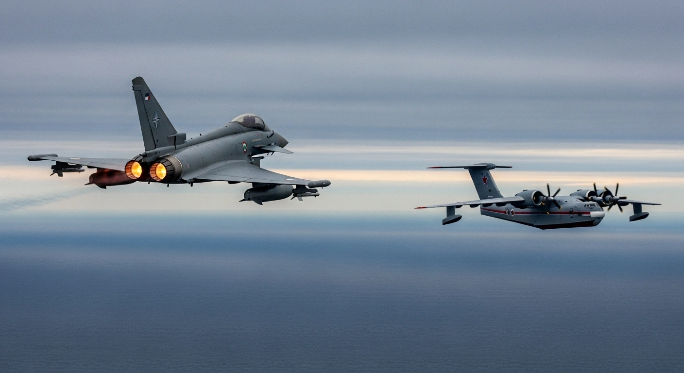 An Italian Eurofighter Typhoon jet, with afterburners glowing, banks sharply over the Baltic Sea, intercepting a Russian Beriev Be-200 amphibious aircraft during a NATO Air Policing mission.