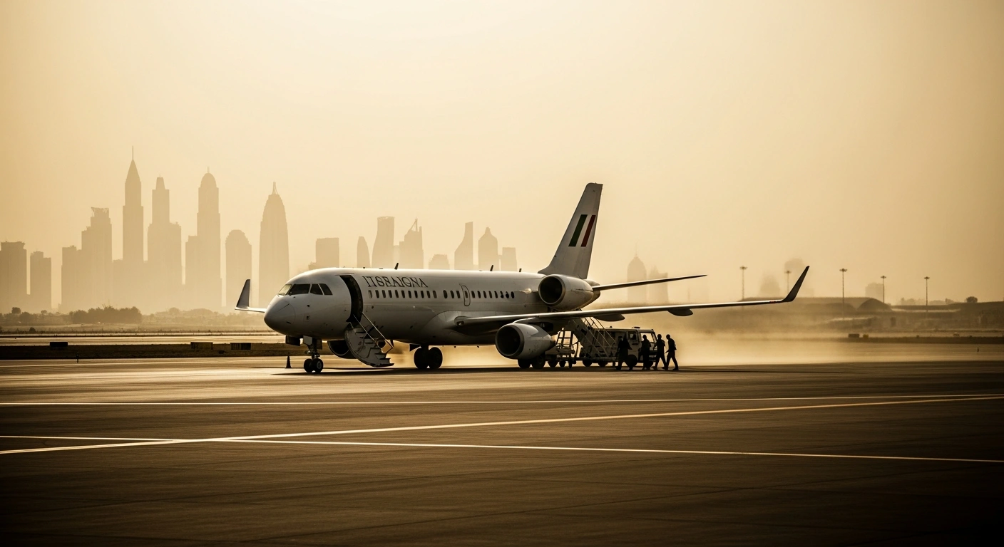 An Italian government aircraft prepares to evacuate citizens from an airport in the United Arab Emirates amid rising regional tensions.