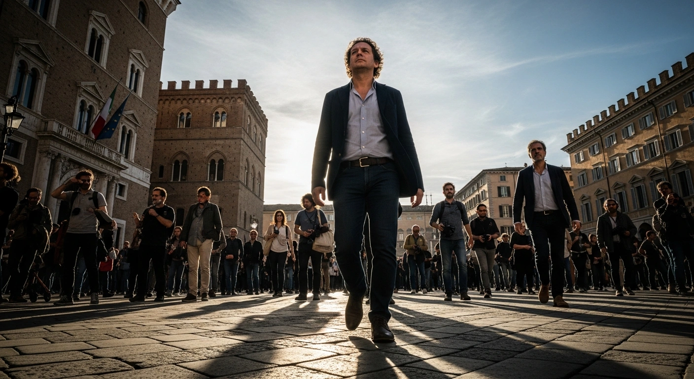 A low-angle photograph shows a determined Italian journalist leading a national strike, with a blurred crowd of fellow journalists behind, symbolizing their demands for contract renewal, fair wages, protection of rights, AI regulation, and investment in quality journalism.