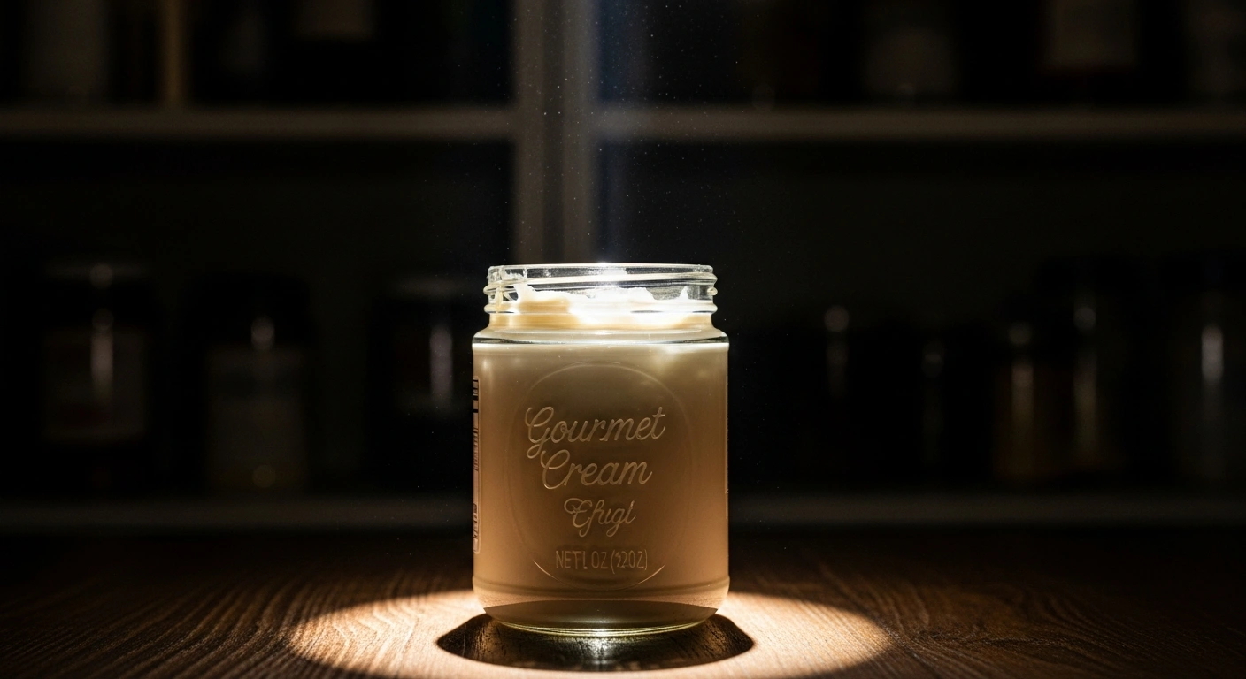 A glass jar of olive and almond cream sits on a kitchen counter, representing the product recalled by Italian health authorities due to botulism contamination.