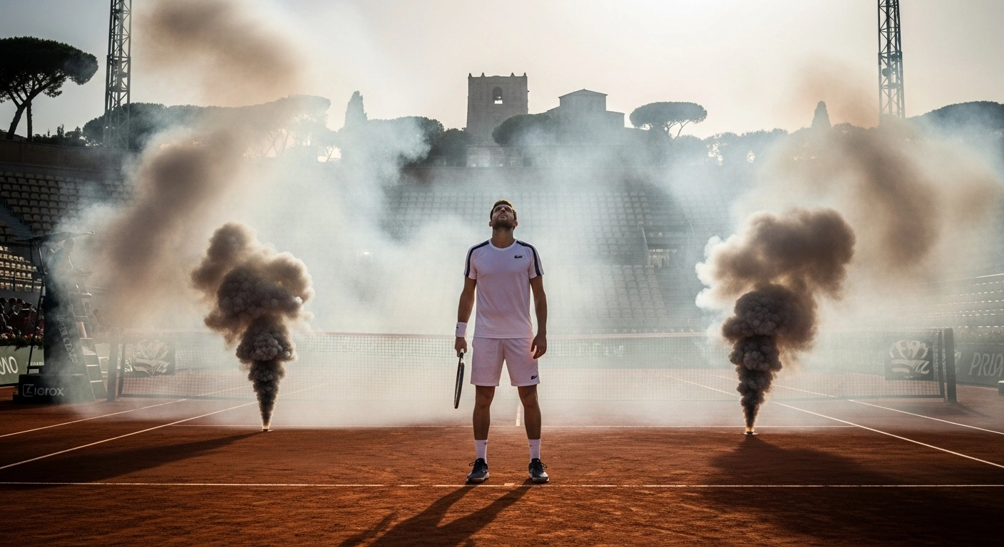 A professional tennis player pauses a match at the Italian Open in Rome as smoke from nearby fireworks drifts across the clay court at the Foro Italico.