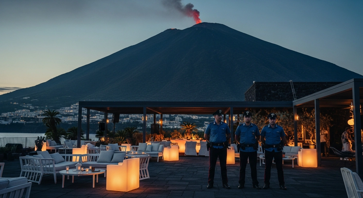 Italian police officers arrive at a luxury party on the island of Stromboli to shut down the event due to noise complaints.