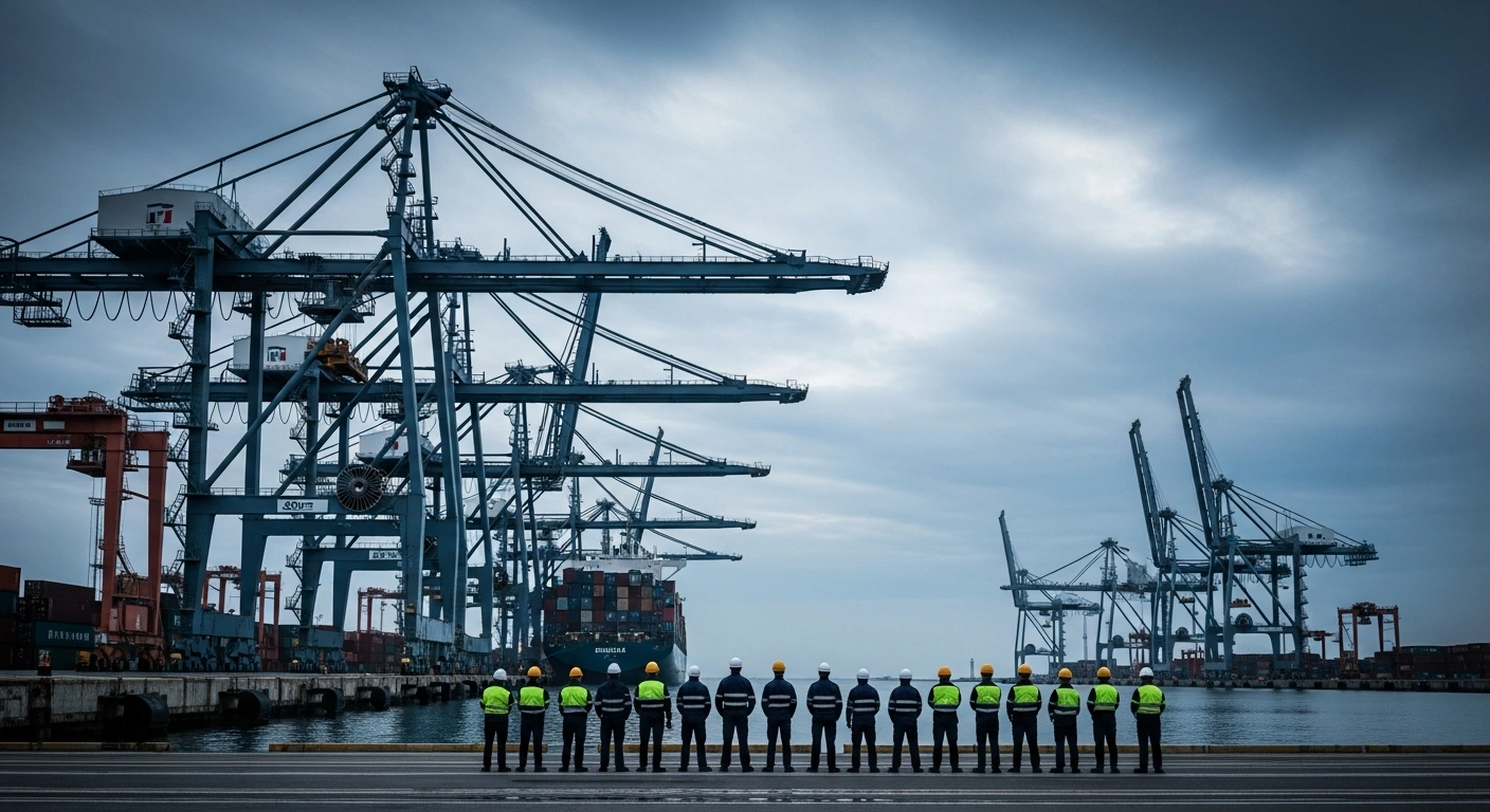 Italian port workers stand in a line during a nationwide strike at a maritime logistics terminal with idle shipping cranes in the background.