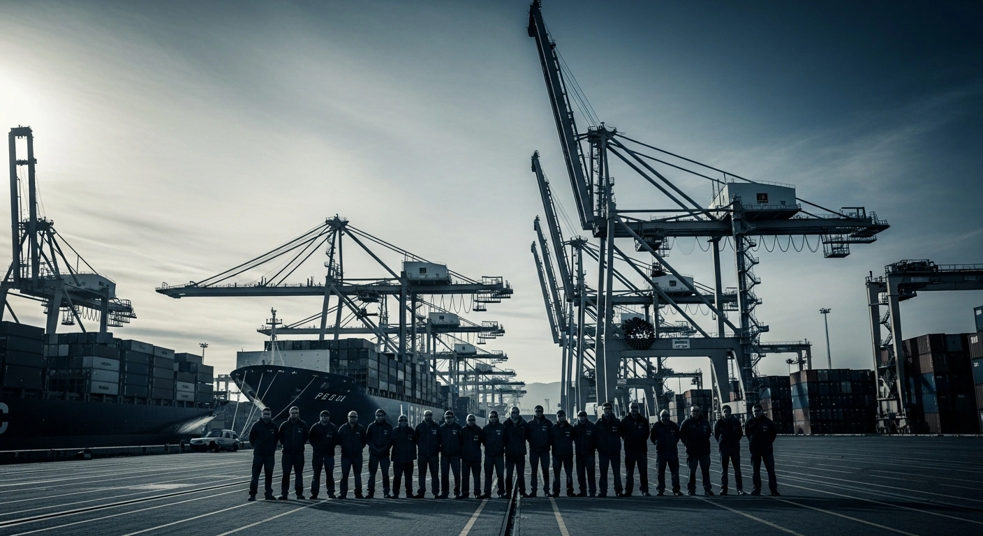 Italian port workers stand in solidarity during a nationwide strike at a shipping terminal filled with idle container cranes.