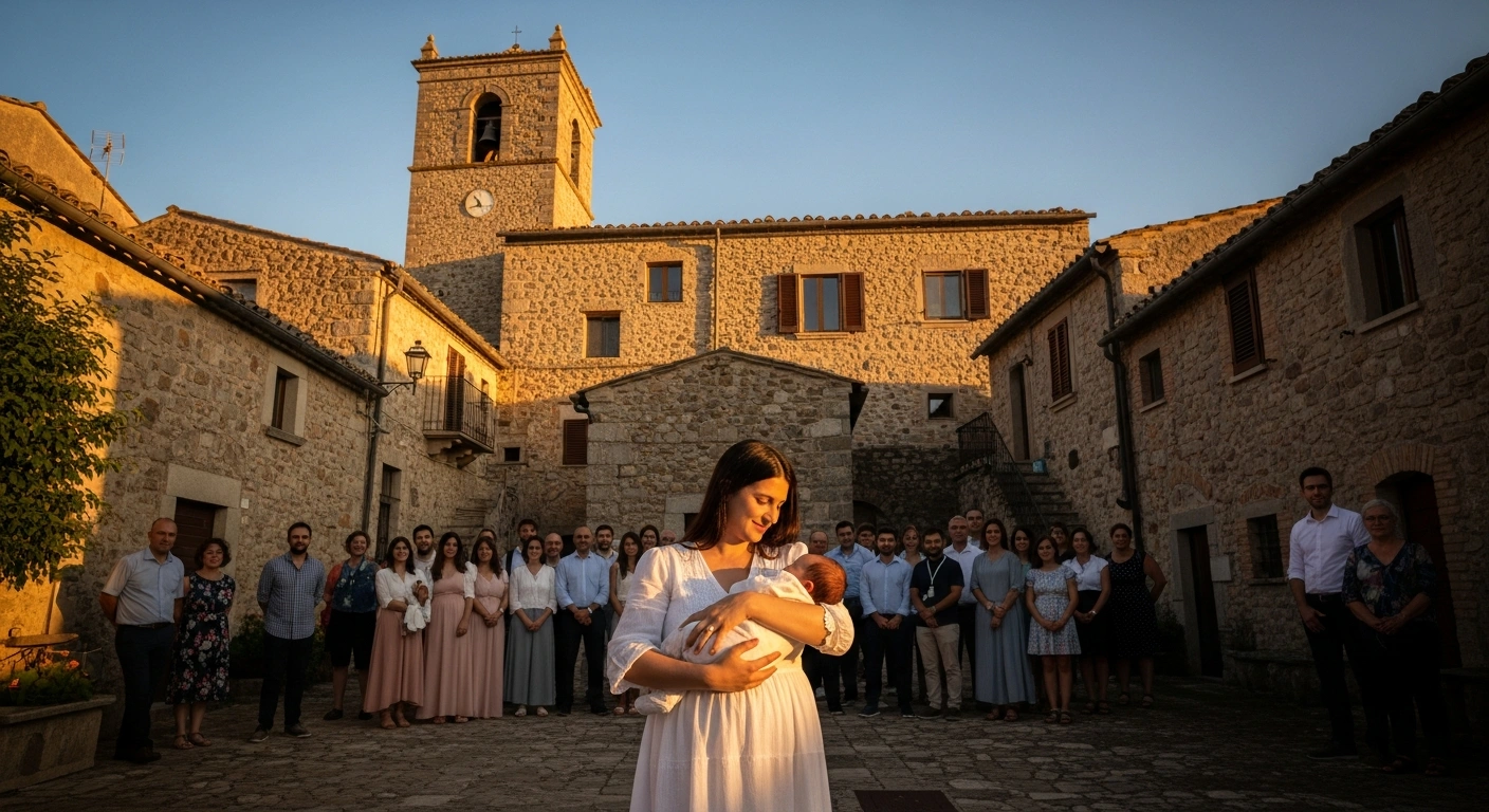 A young mother gently cradles her newborn baby, Lara Bussi Trabucco, in the foreground, illuminated by warm golden light, as villagers gather in the soft-focus background amidst the ancient stone buildings of the remote Italian village of Pagliara dei Marsi, Abruzzo, celebrating the first birth in nearly 30 years, symbolizing hope amidst demographic decline.