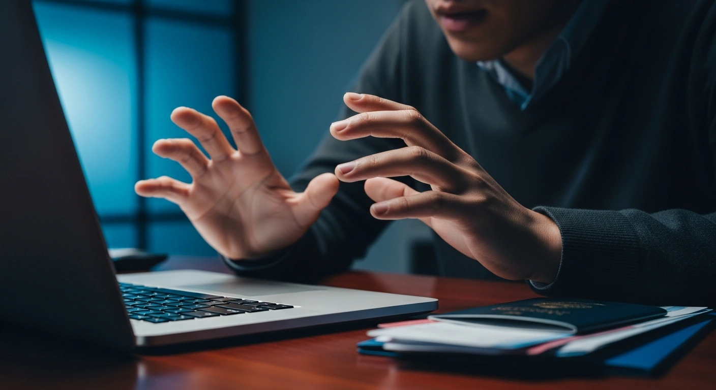 A frustrated traveler looks at a laptop screen while trying to book an Italian visa appointment during a technical outage.