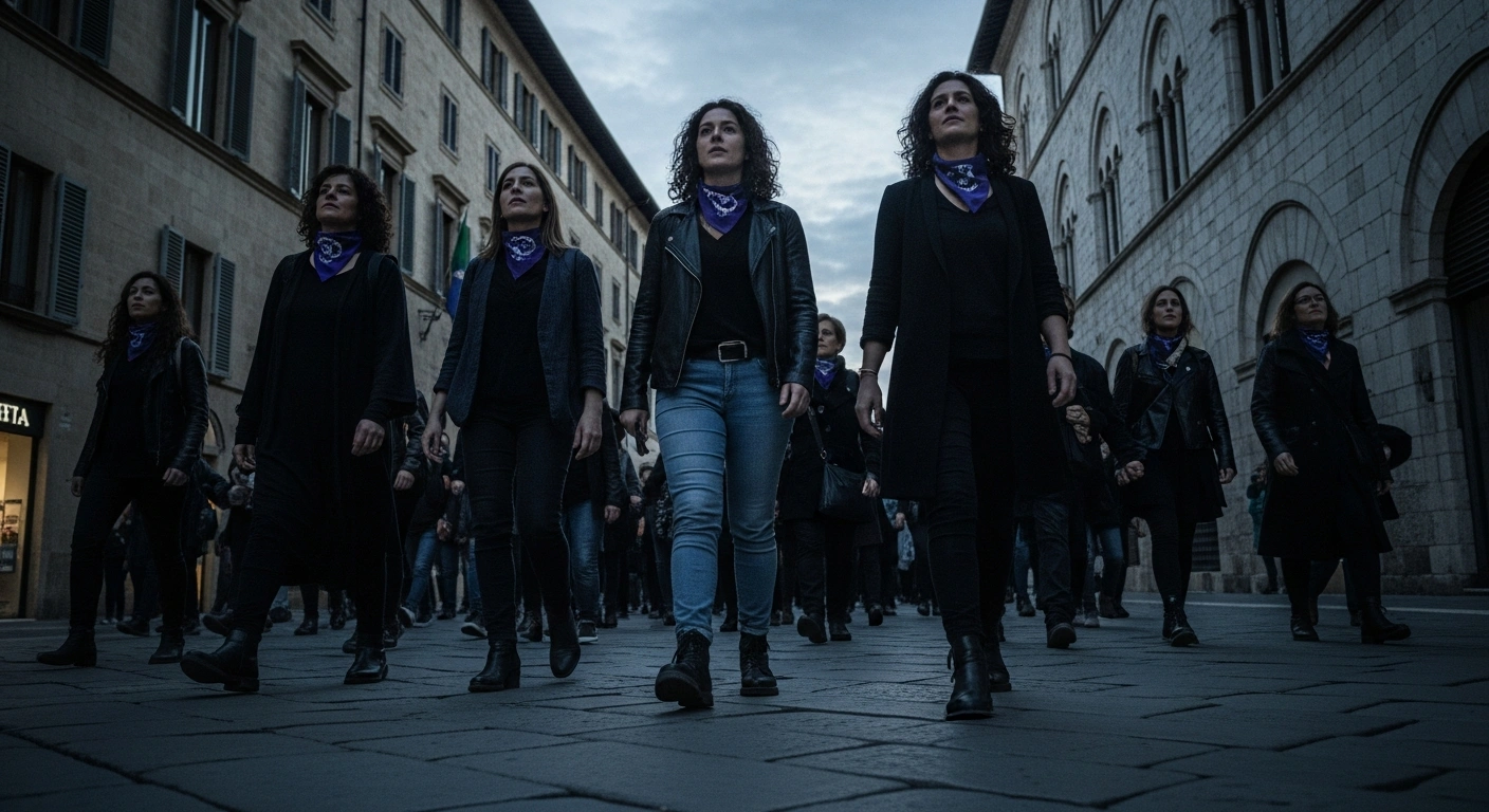 A diverse group of women marches through an Italian city square during a nationwide labor strike protesting gender inequality and violence.