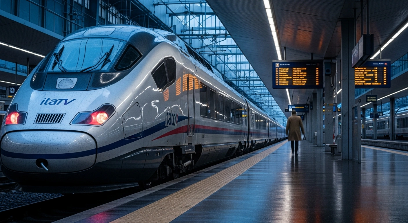 A modern high-speed train sits idle at a deserted Italian railway station during a national labor strike that caused widespread travel disruptions.