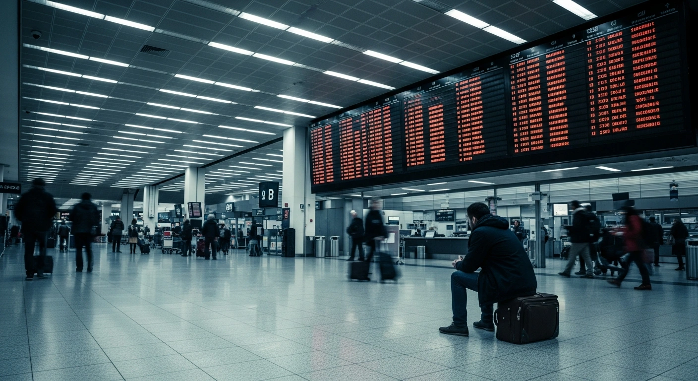 A traveler sits in an Italian airport terminal in front of a large departure board showing widespread flight cancellations due to a national air transport strike.