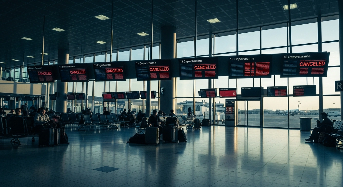 A crowded airport terminal in Italy shows rows of canceled flights on departure boards during a nationwide ground-handling staff strike.