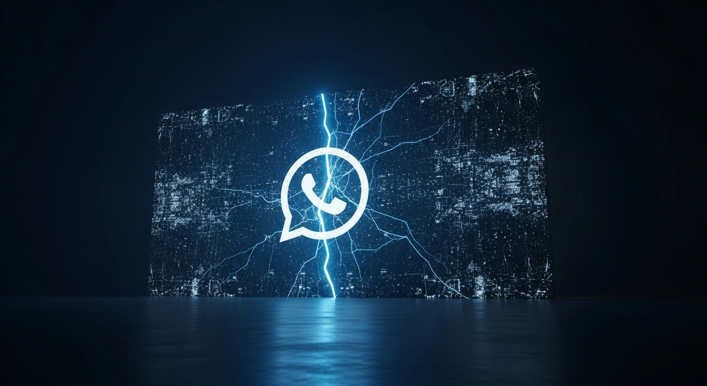 A dark, moody image shows a colossal, glowing digital interface, subtly stylized as a 'W' for WhatsApp, with a prominent crack spreading across its surface from a point of intense blue light, symbolizing Italy's antitrust authority ordering Meta to suspend WhatsApp contractual terms related to AI features amidst an investigation into market dominance.