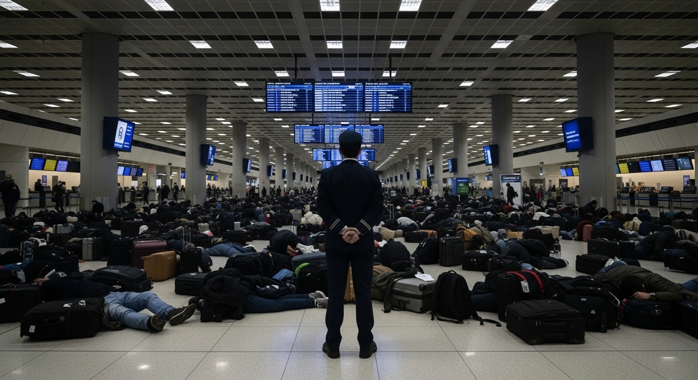 A wide shot of a chaotic airport terminal in Italy on February 16, 2026, showing thousands of stranded passengers sprawled on the floor amidst luggage, reflecting the impact of a nationwide aviation strike that caused over 500 flight cancellations.