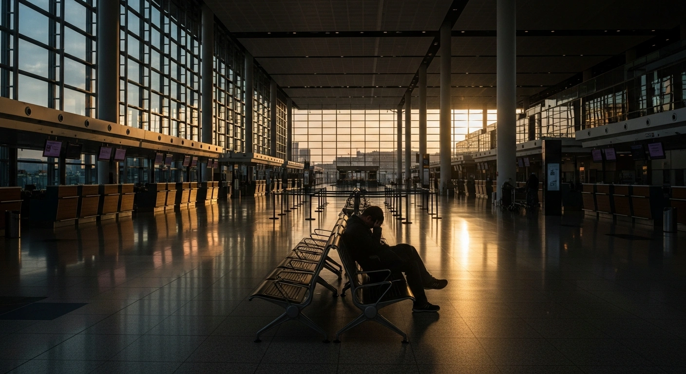 A desolate airport terminal at dusk, illuminated by golden light, features rows of empty check-in counters and a lone, weary traveler, visually representing the significant flight cancellations and delays across Italy due to a nationwide aviation strike affecting major airlines like ITA Airways, easyJet, and Ryanair.