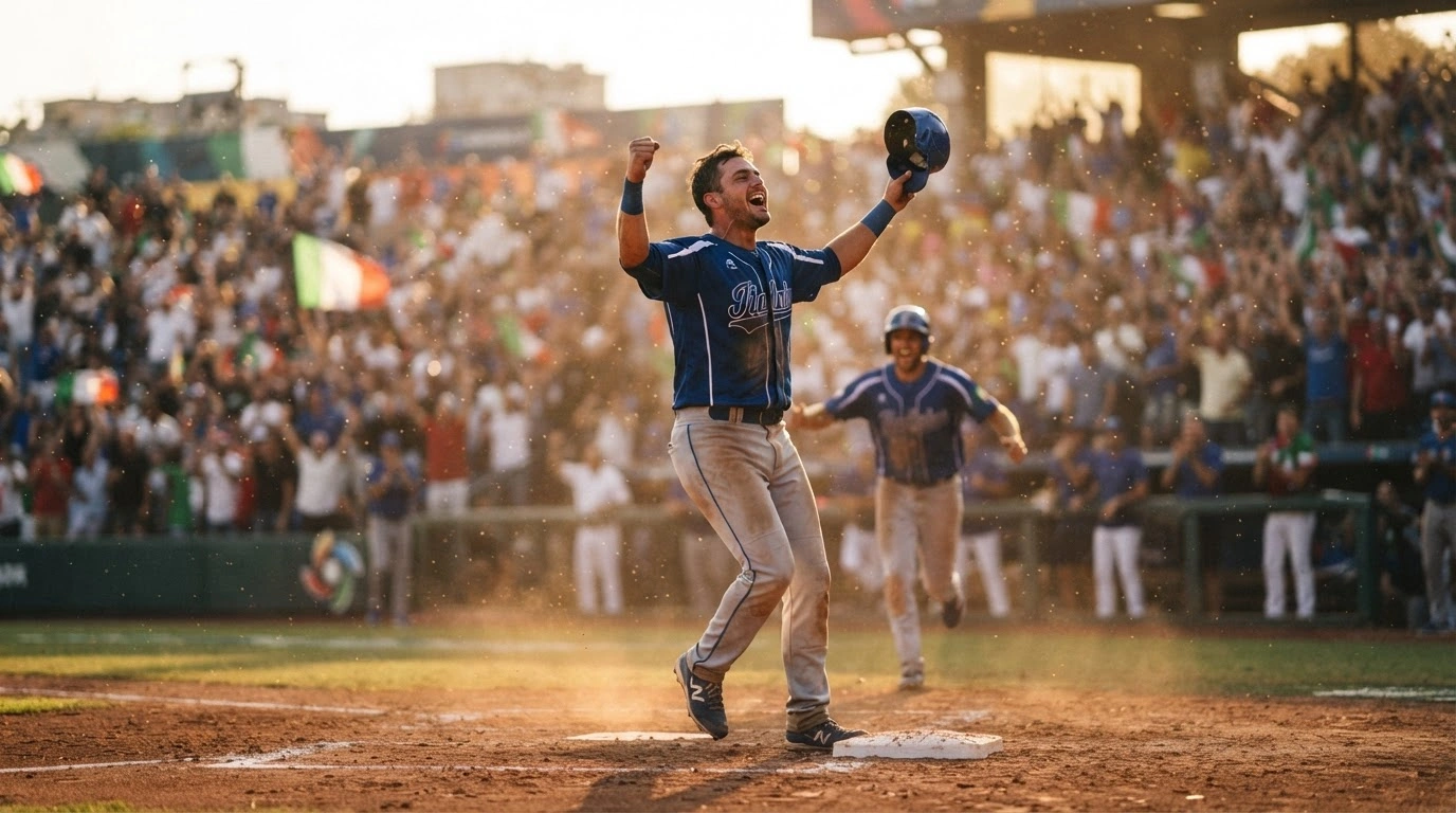 An Italian baseball player celebrates on the field after the national team qualified for the WBSC Premier12 2027 tournament by defeating Germany.