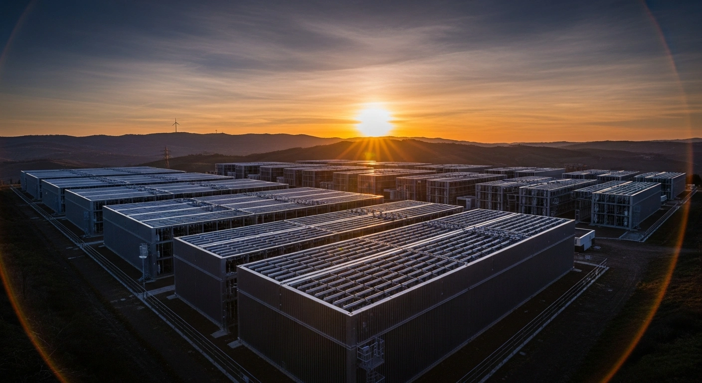 A vast, modern battery energy storage system (BESS) facility, developed by Trina Storage and Aer Soléir, stretches across a field near Rondissone, Italy, under a dramatic twilight sky, symbolizing its role in bolstering grid stability and integrating renewables.