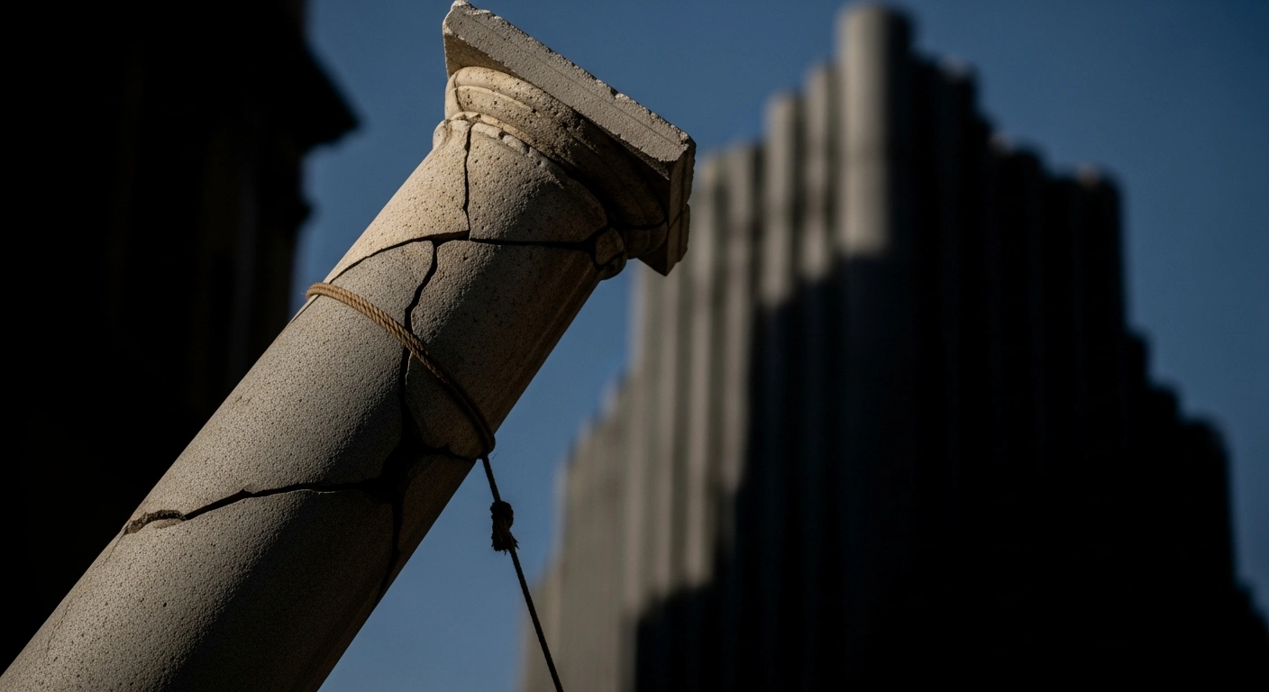 A cracked, leaning Roman column, symbolizing Italy, is precariously held by a frayed rope, representing its 2025 budget deficit of 3.1% of GDP surpassing the EU's 3% ceiling and public debt rising to 137.1%, with a looming shadow of the EU's Excessive Deficit Procedure.