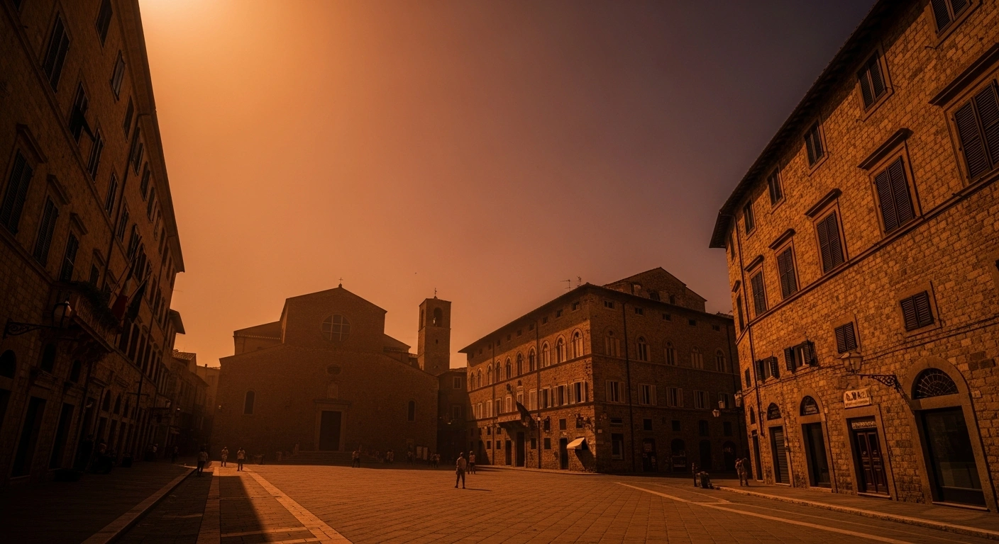 A deserted Italian city square experiences extreme heat during the Cerberus heatwave as temperatures reach record-breaking levels.